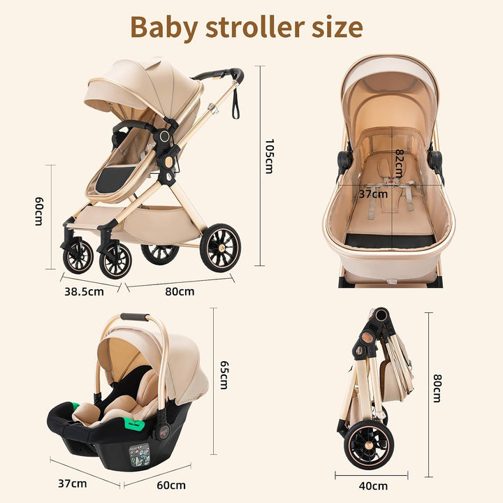 Kinderwagen 3 in 1 Komplettset Baby Kombikinderwagen bis 22kg, Zusammenklappbar, Grosse Gummireifen,