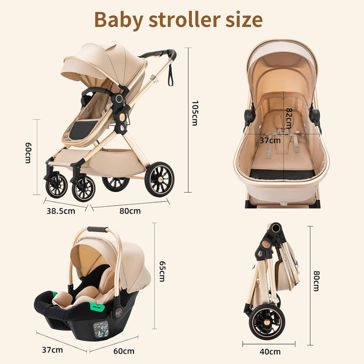 Kinderwagen 3 in 1 Komplettset Baby Kombikinderwagen bis 22kg, Zusammenklappbar, Grosse Gummireifen,