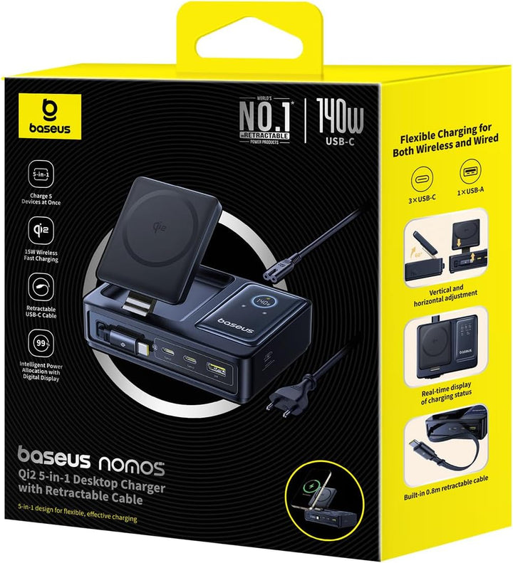 Baseus NOMOS 5 in 1 Ladestation, 140 W USB-C Ladegerät mit 15 W Qi2.0 MagSafe Ladegerät, Typ C Einzi