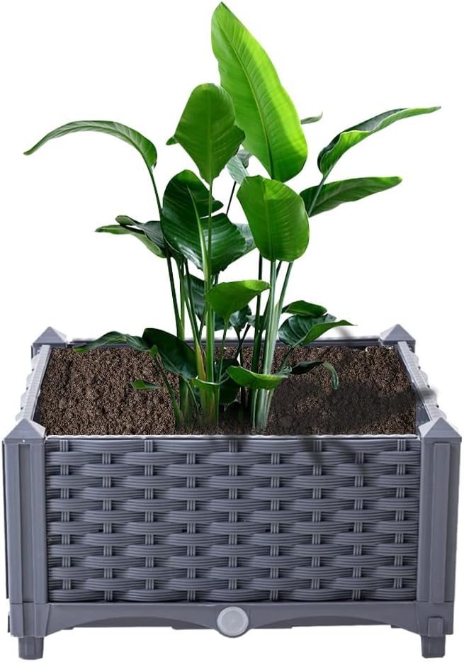 Mingone Blumentopf Rattan Optik aus Kunststoff Blumenkasten Balkonkasten mit Wasserspeicher Pflanzka