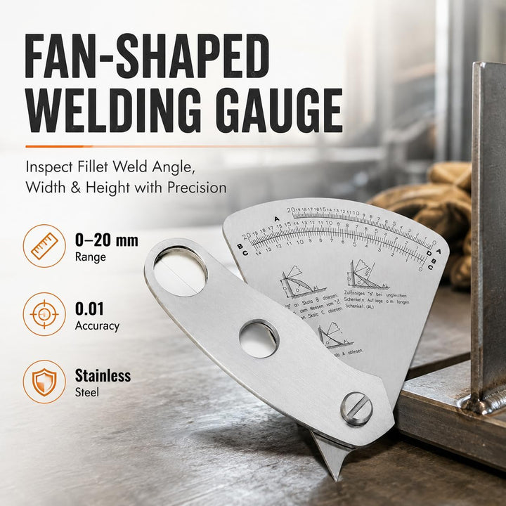 Candeon Schweisslehre Schweissnahtleere, Edelstahl Fächerförmig Schweisslehre, 0-20mm Weld Gauge Sch
