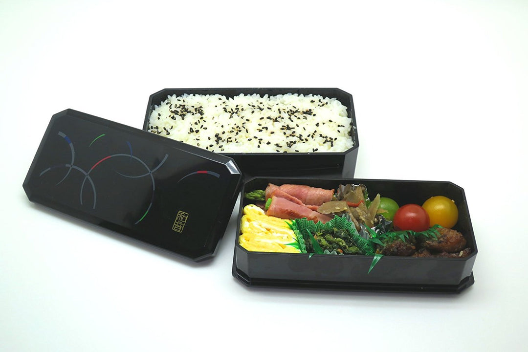 Japanisches Bento Brotdose "Waon" Wellen Schwarz, 320 + 400 ml, mit Stäbchen und Tragetasche von OSK