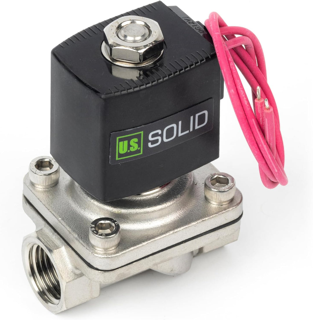 U.S. Solid 1/2" Magnetventil - Edelstahl DC 12V mit Viton-Dichtung, stromlos geschlossen, Bleidraht-
