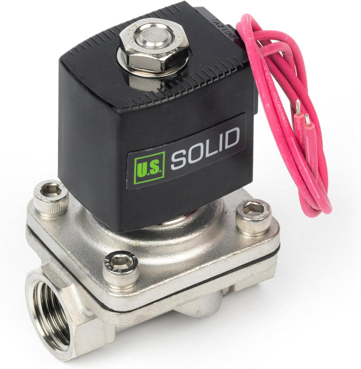 U.S. Solid 1/2" Magnetventil - Edelstahl DC 12V mit Viton-Dichtung, stromlos geschlossen, Bleidraht-