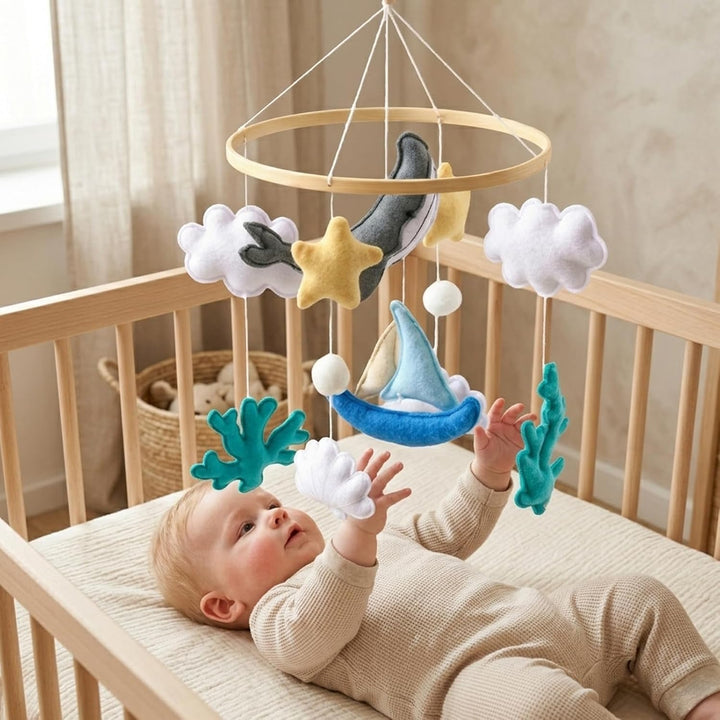 Mobile Baby Meerestiere Segelboot Babybett Windspiel, Muschel Wal Filz Bettglocke Wickeltisch Mobile
