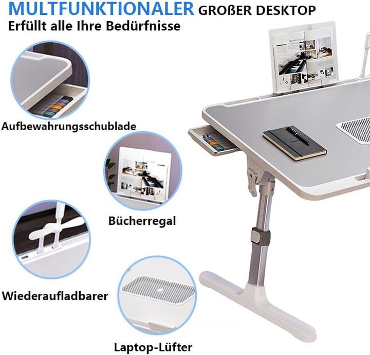 Laptoptisch fürs Bett, 5-Höhenverstellbar, Winkelverstellbar, Betttisch Klappbar mit Laptop Kühler,