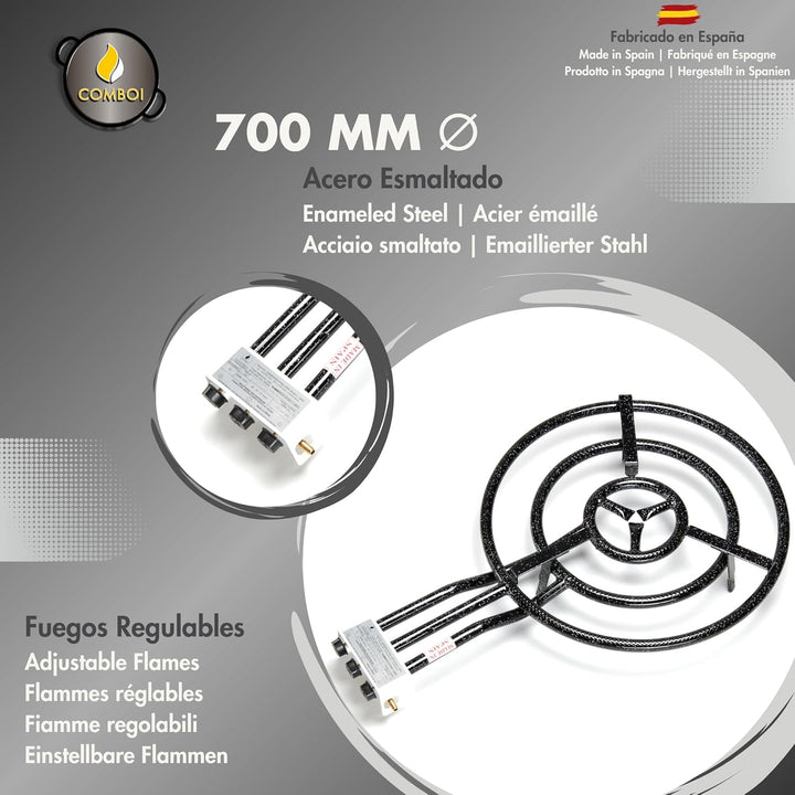 Paella-Brenner-Set, Butangas, 70 cm, polierter Stahl, 90 cm, Ständer mit verstärkten Füssen, Ebene,