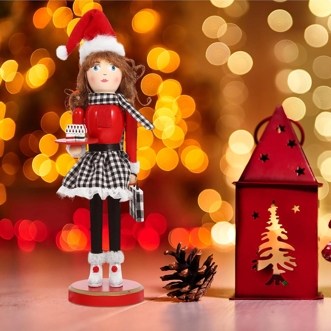 Ciieeo Weihnachtsfrau-Nussknacker Roter Back-Nussknacker Hölzerne -Ornamente Traditionelle -Puppen F