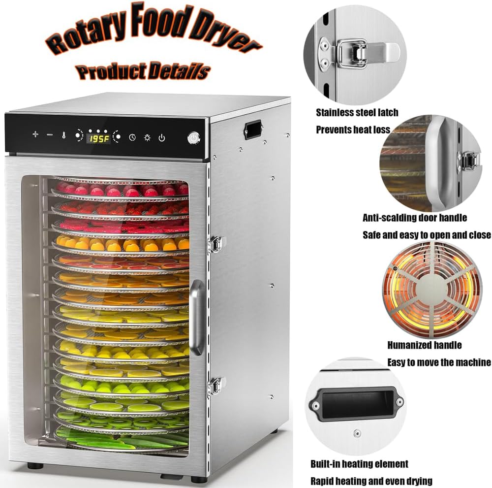 360°Drehfunktion Food dörrautomat (10 extragrosse Tablett) 800W Doppellüfter,24 Hour Digital Timer T