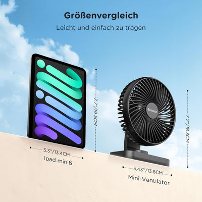 EasyAcc Tischventilator Batterie USB Ventilator 4000 Akku Klein Tragbarer 4 Geschwindigkeiten Ventil