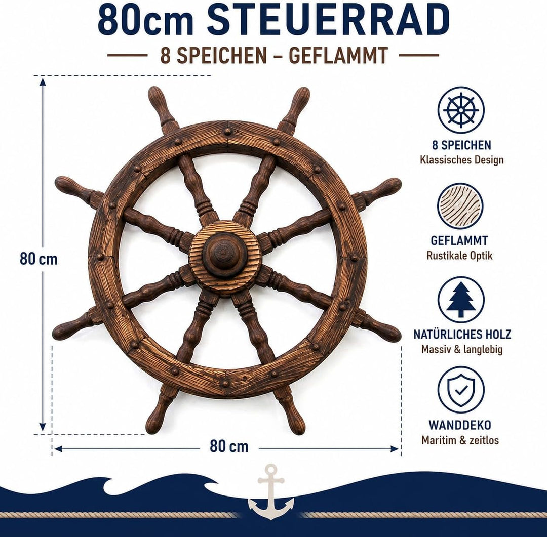 Nexos Steuerrad Holzrad Ø 80 cm 8 Speichen Farbe braun Aussenstärke 5 cm Dekorad Wanddeko Speichenra