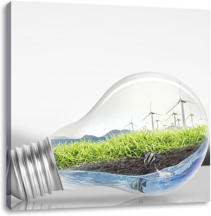 Pixxprint grüne Energie in Glühbirne schwarz/weiss, Format: 70x70 auf Leinwand, 70x70