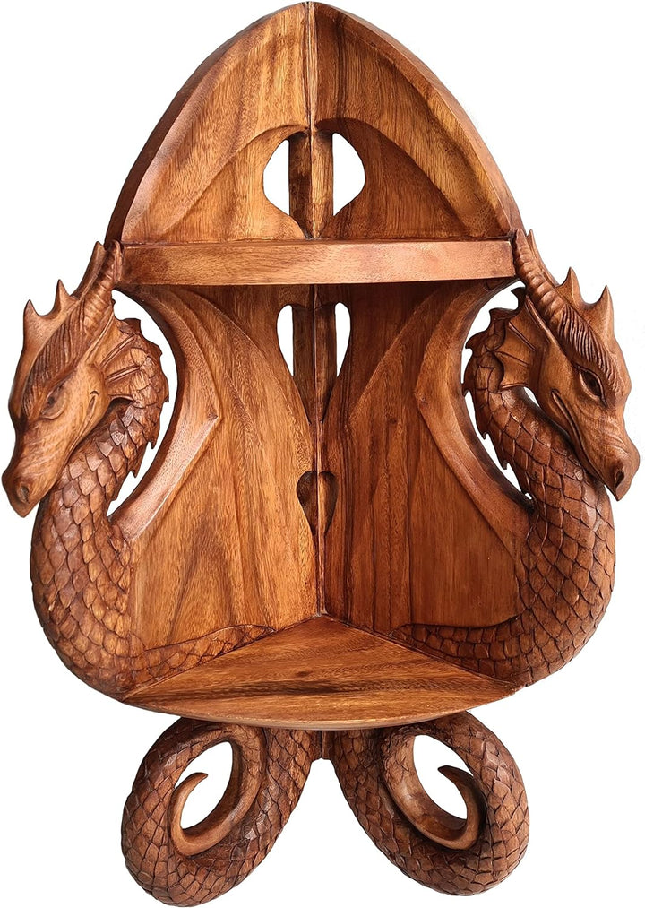 Windalf Hobbit-Style Drachen Eck-Regal DRACONI 70 cm mit 2 Ablagen Rustikales Wandregal Bücherregal