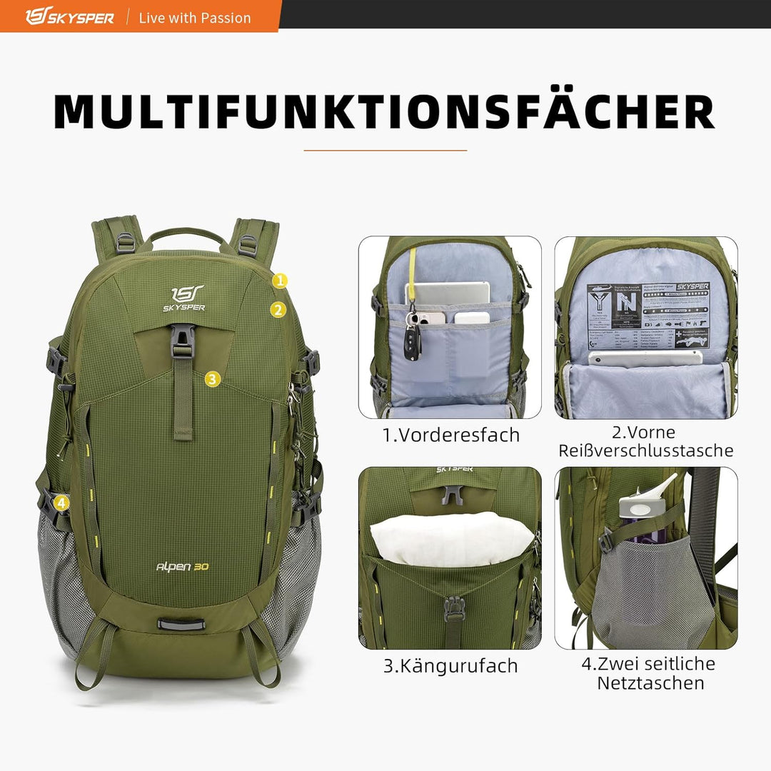 SKYSPER Wanderrucksack 30L Trekkingrucksack Wasserfest mit Rückenbelüftung und Netzrücken Tagesausfl