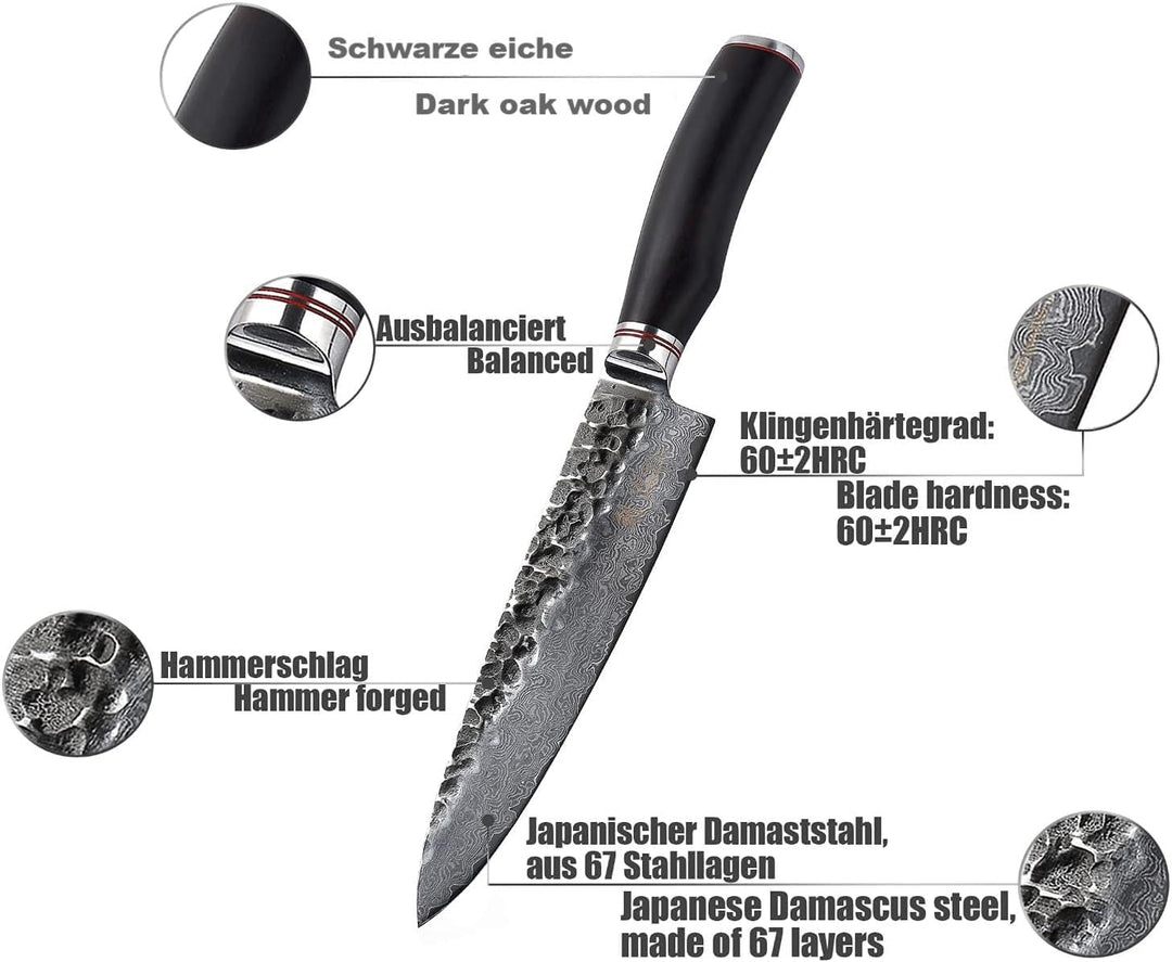 Wakoli EBO Kochmesser mit 20 cm Klinge aus 67 Lagen Damaststahl mit VG10 Kern, Hammerschlag, Eichenh
