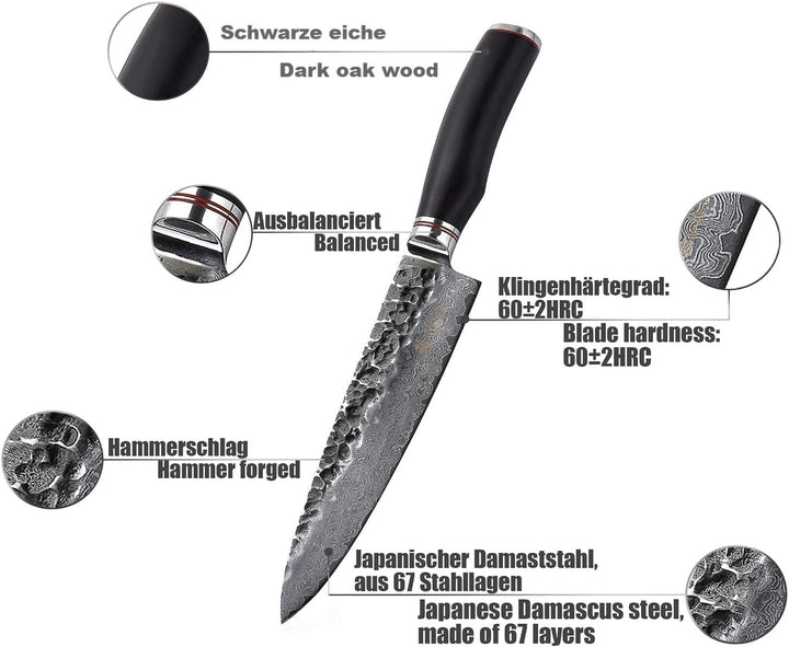 Wakoli EBO Kochmesser mit 20 cm Klinge aus 67 Lagen Damaststahl mit VG10 Kern, Hammerschlag, Eichenh