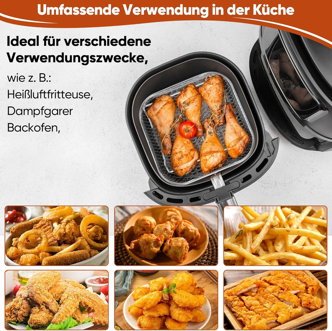 Onader Heissluftfritteuse Zubehör, 3-tlg Edelstahl Eckig Frittierkorb Grillrost für Airfryer, Airfry