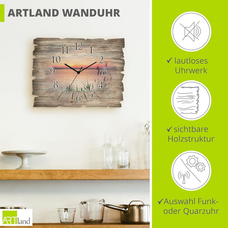 ARTLAND Wanduhr ohne Tickgeräusche aus Holz Funkuhr 40x30 cm Rechteckig Lautlos See Steg Landschaft