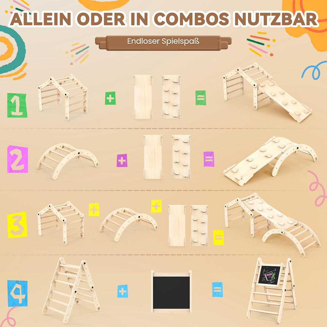 8-in-1 Montessori Klettergerüst Indoor Set, Verformbares Kletterdreieck mit Rutsche, Kletterbogen un