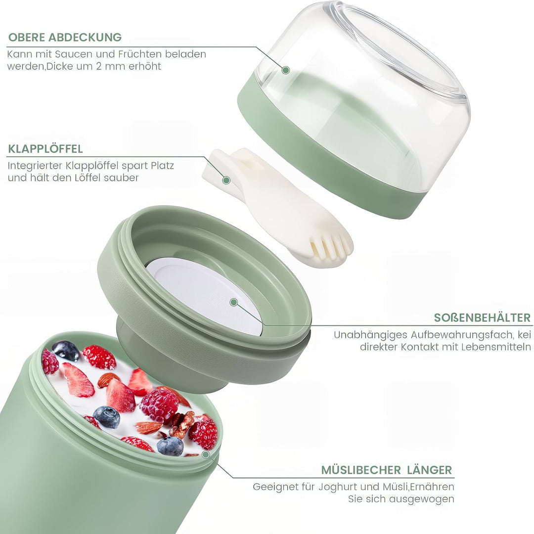Bugucat Müslibecher to Go 520ML+250ML 2er,Praktischer Joghurtbecher mit Löffel, Auslaufsicher Müsli