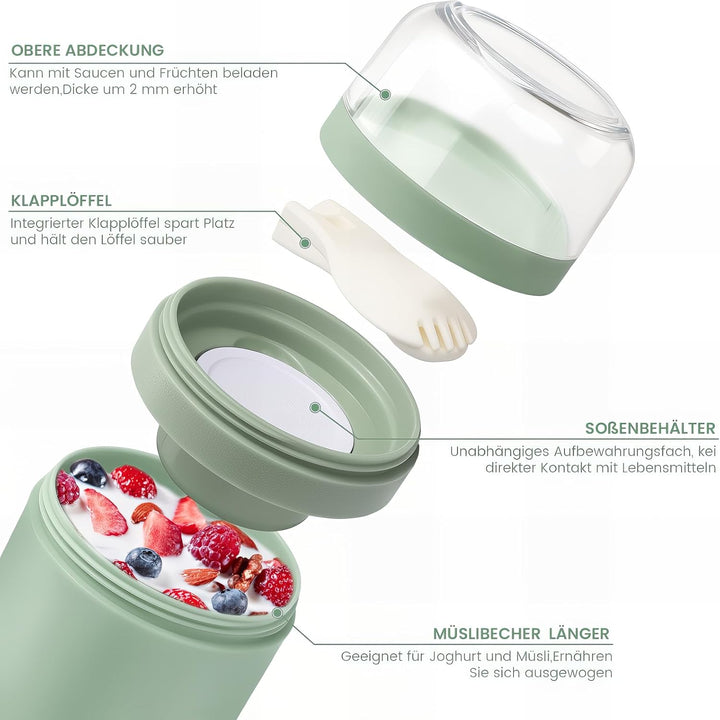 Bugucat Müslibecher to Go 520ML+250ML 2er,Praktischer Joghurtbecher mit Löffel, Auslaufsicher Müsli
