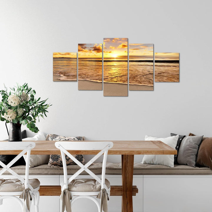 Runa Art Wandbilder Sonnenuntergang Strand 5 Teilig Bild auf Vlies Leinwand Deko Schlafzimmer Wohnzi
