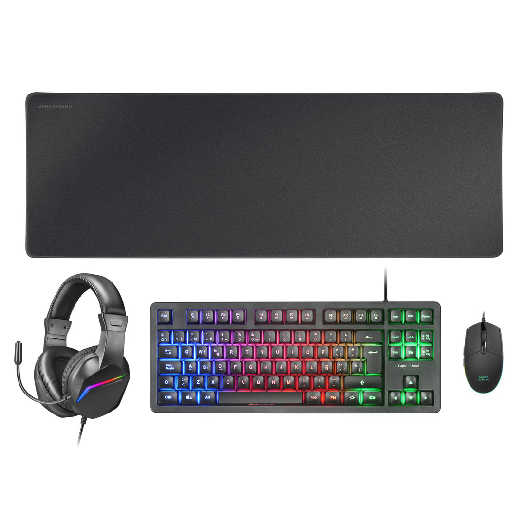 MARSGAMING MCP-RGB3, Pack Gaming-Tastatur Fixed RGB + Gaming-Maus RGB Flow 3200 DPI + Headset Over-E