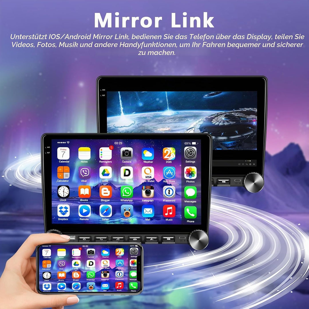 4GB+64GB Autoradio mit Kabelloses Carplay/Android Auto, 10 Zoll 2 Din Android Bildschirm Touchscreen