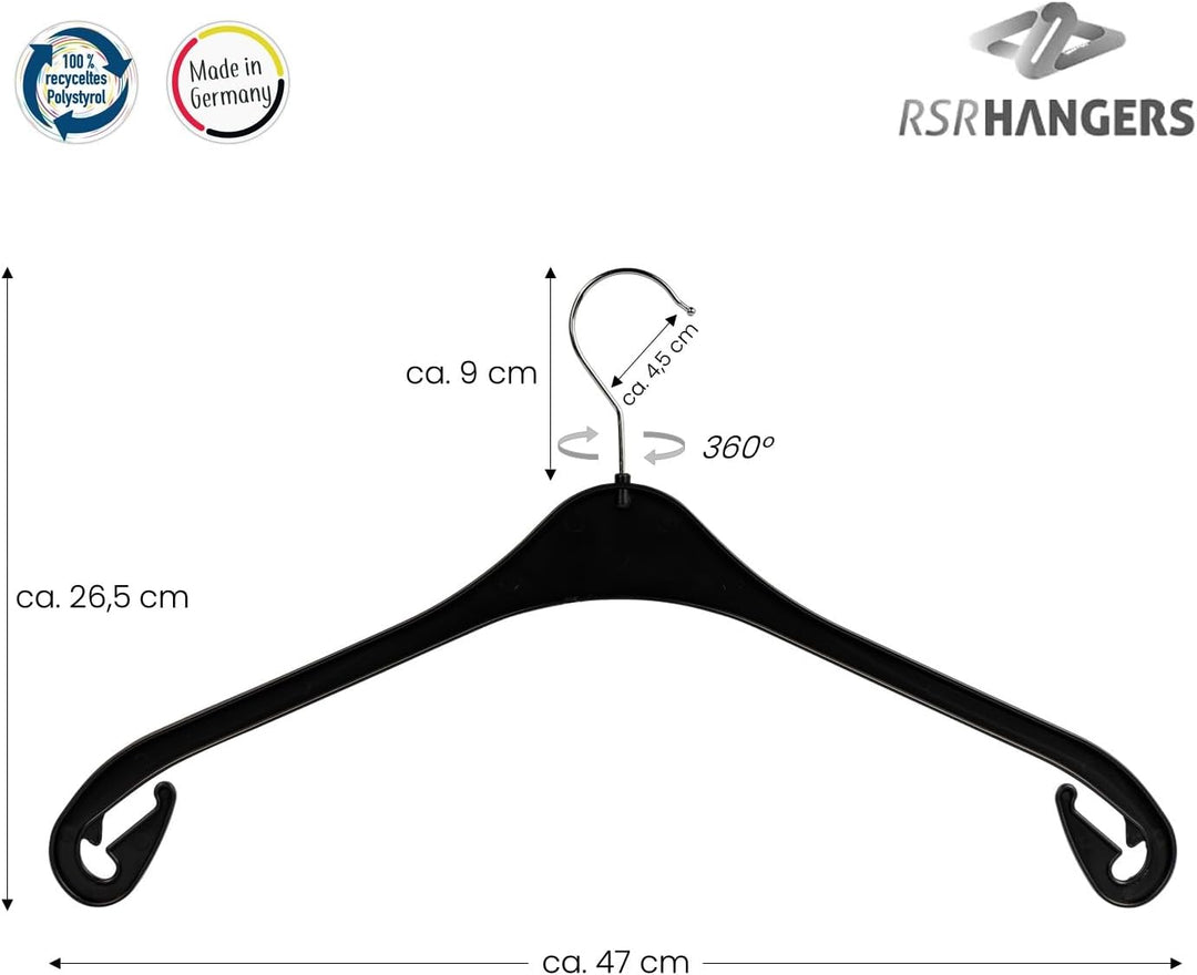 RSR-Hangers® Kleiderbügel NA 47 cm - 30 Stück aus Kunststoff Hemdenbügel 360° drehbarer Haken Blusen