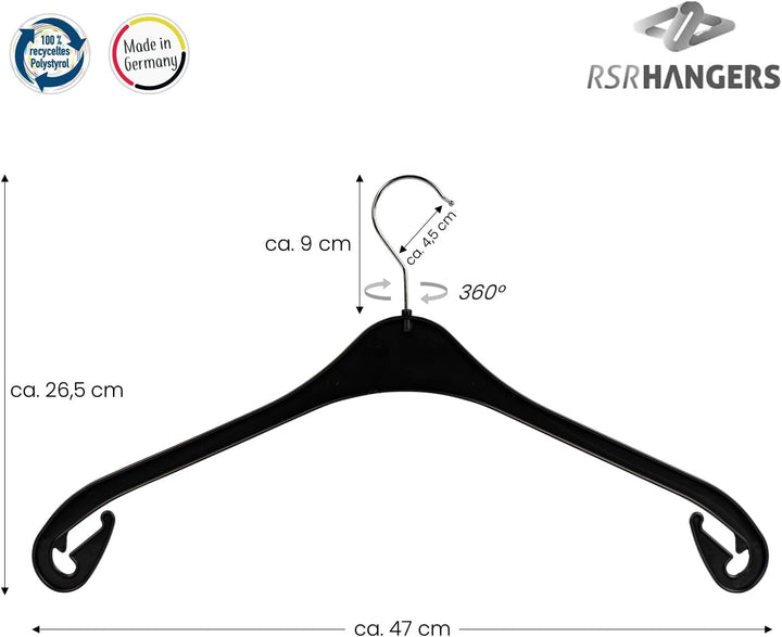 RSR-Hangers® Kleiderbügel NA 47 cm - 30 Stück aus Kunststoff Hemdenbügel 360° drehbarer Haken Blusen