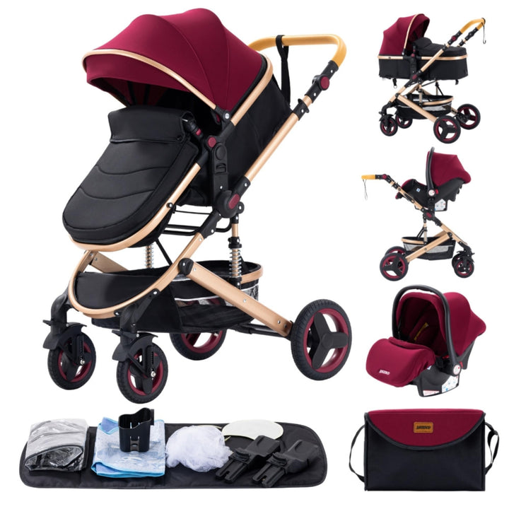 GLOKID Kinderwagen 3 in 1,Reisesysteme, Babywanne Buggy,Voll-Gummireifen,Mit Einem Klick Zusammenkla