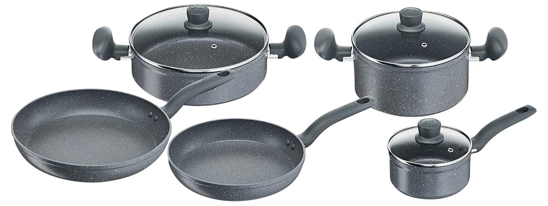 Lagostina Antea Topf- und Pfannenset, 8 Teile, Topfset mit 2 Kochtöpfen, 2 Pfannen, Topf, 3 Glasdeck
