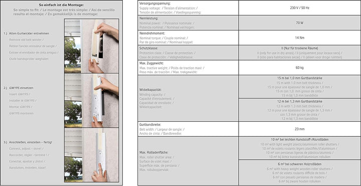SuperRollo GW195 elektrischer Gurtwickler, Unterputz für Gurtkasten, für 23 mm Gurtband, Rolladenant