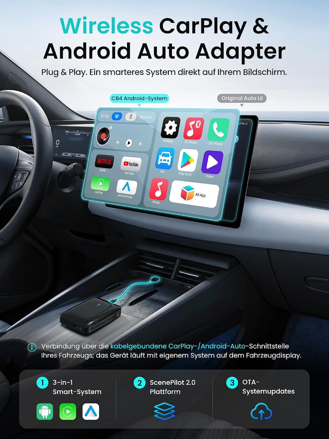 CarPlay AI Box, Wireless CarPlay Adapter Netflix/YouTube/TF-Karte 4GB+32GB - AI Box Android Auto Vid