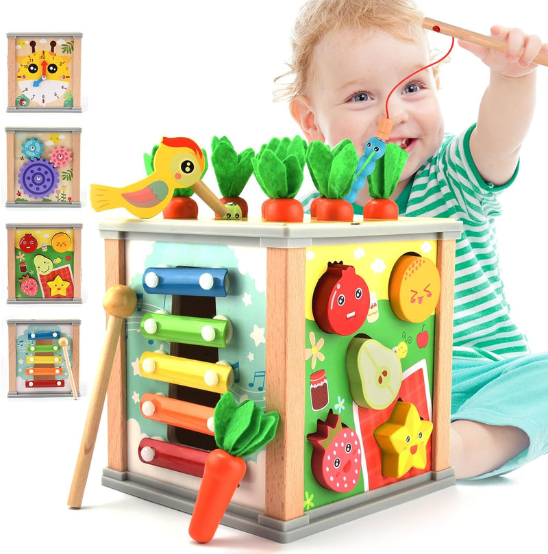 ZOOYAUE Motorikwürfel Aktivitätswürfel aus Holz 6 in 1 Montessori Spielzeug, Activity Center Baby ab