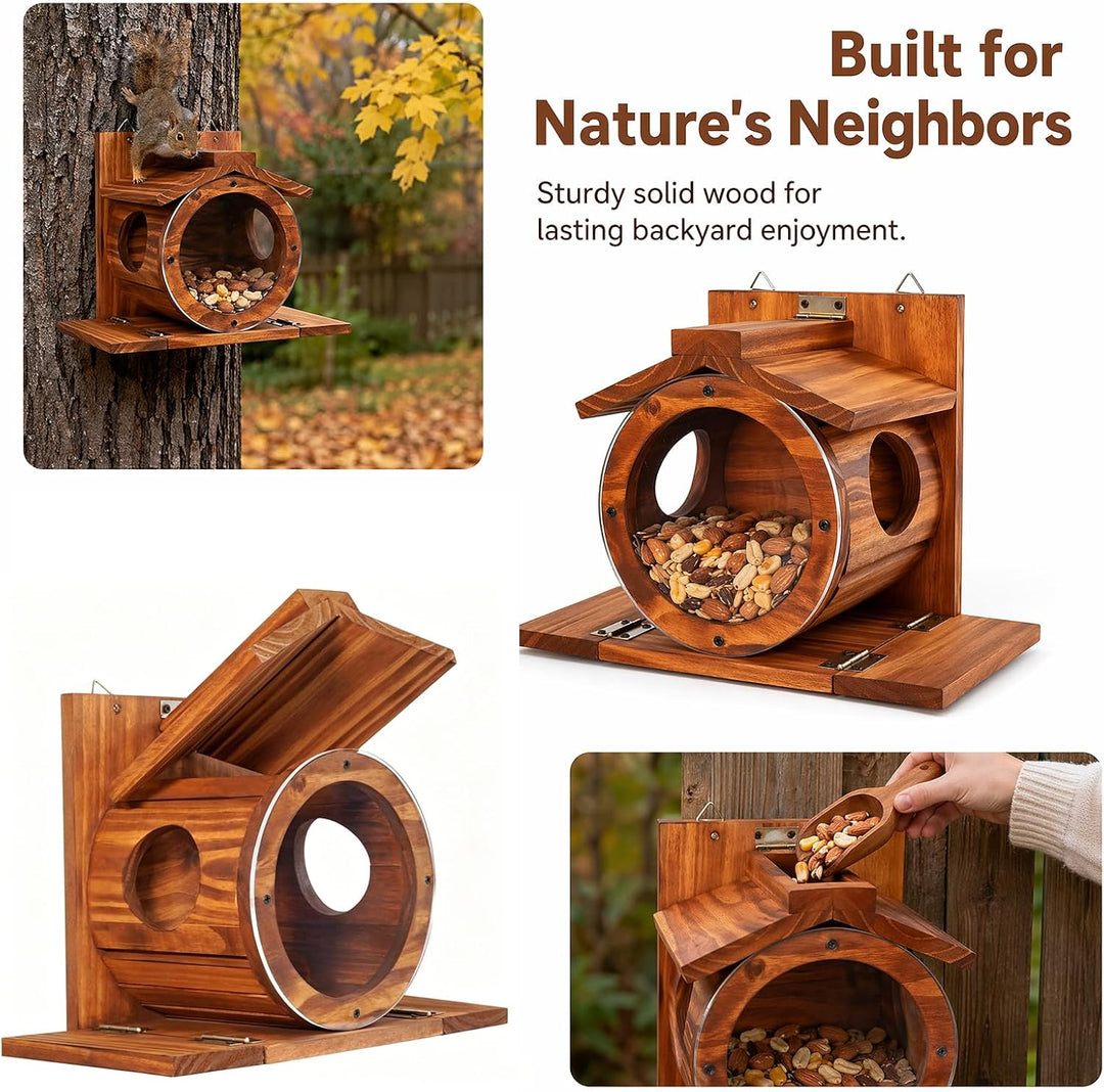Eichhörnchen Futterhaus Wetterfest aus Holz mit Runden Transparentes Fenster, Eichhörnchen Futtersta