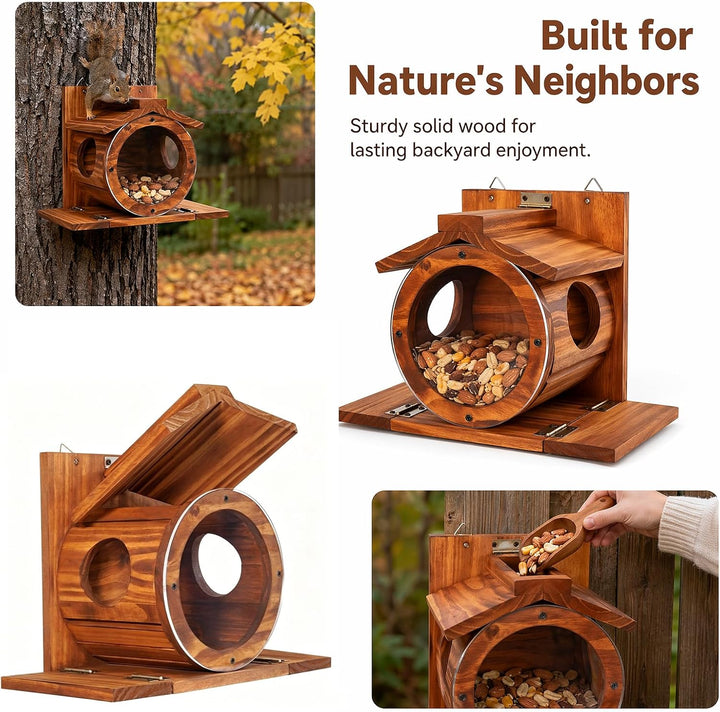 Eichhörnchen Futterhaus Wetterfest aus Holz mit Runden Transparentes Fenster, Eichhörnchen Futtersta