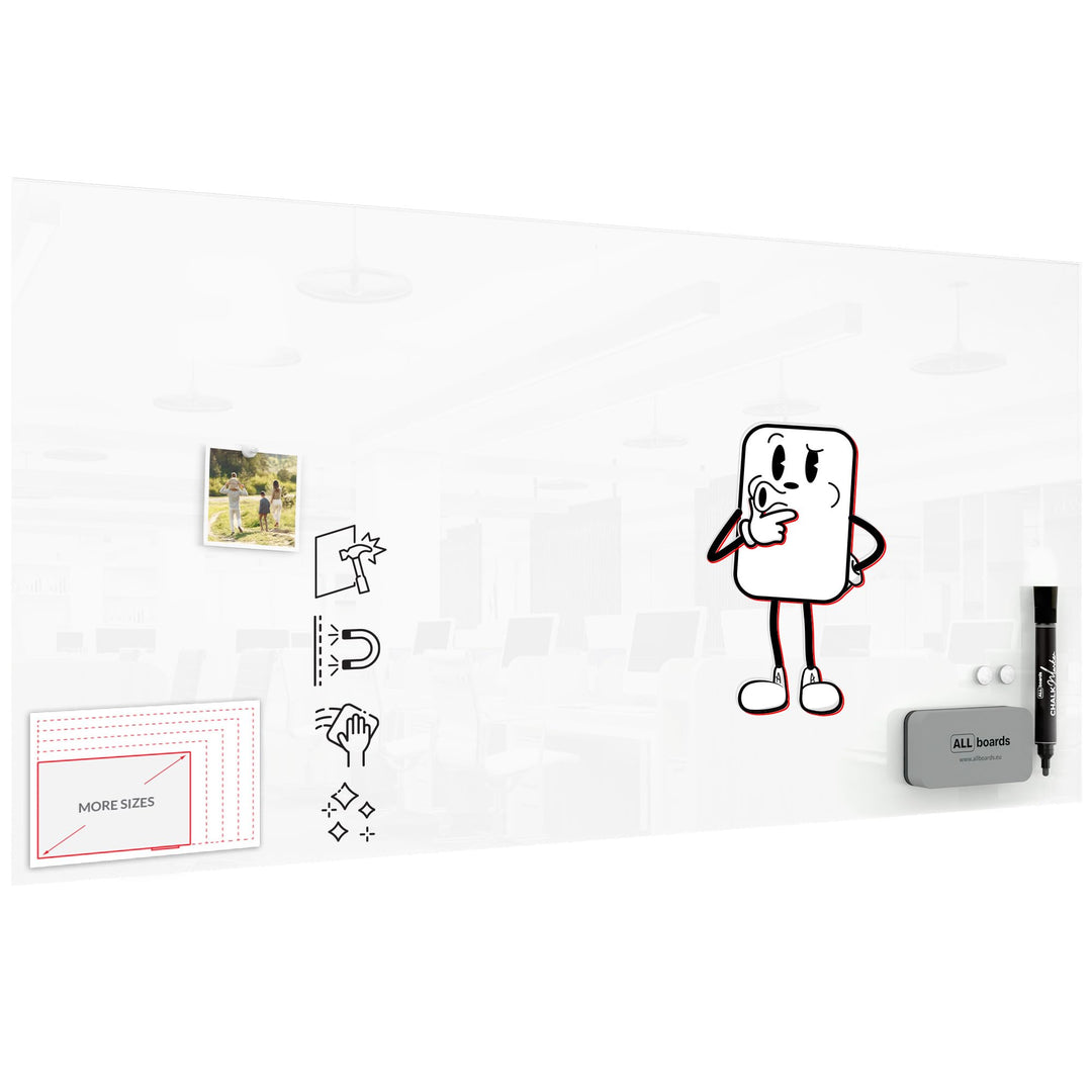 ALLboards Glasboard – Premium SUPERWHITE Perlweiss 120x60cm + Zubehörset, Bürotafel, Glastafel, Glas