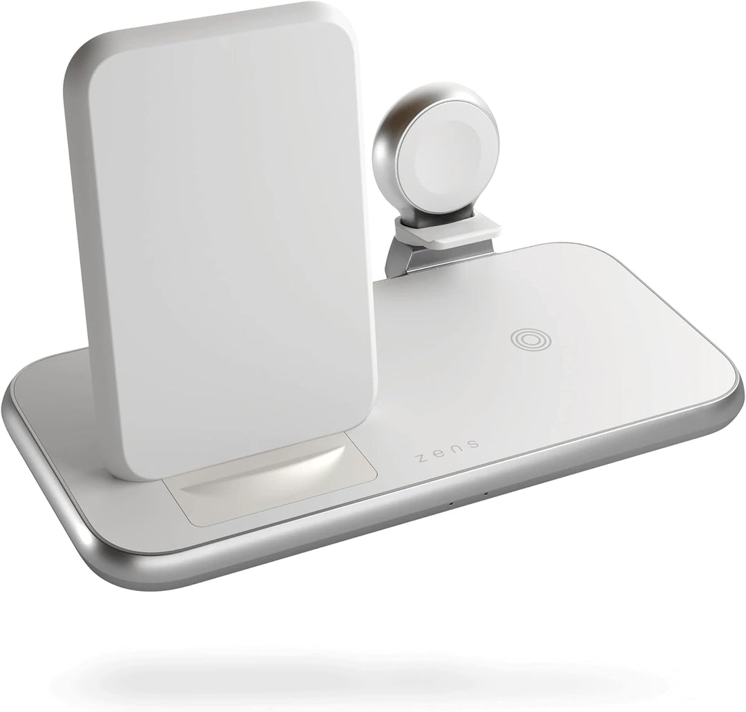 ZENS Stand+Watch 2x10W Aluminium 4in1 kabelloses Ladegerät (Apple & Samsung Fast Charging, Qi/MFi-Ze