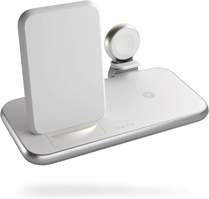 ZENS Stand+Watch 2x10W Aluminium 4in1 kabelloses Ladegerät (Apple & Samsung Fast Charging, Qi/MFi-Ze