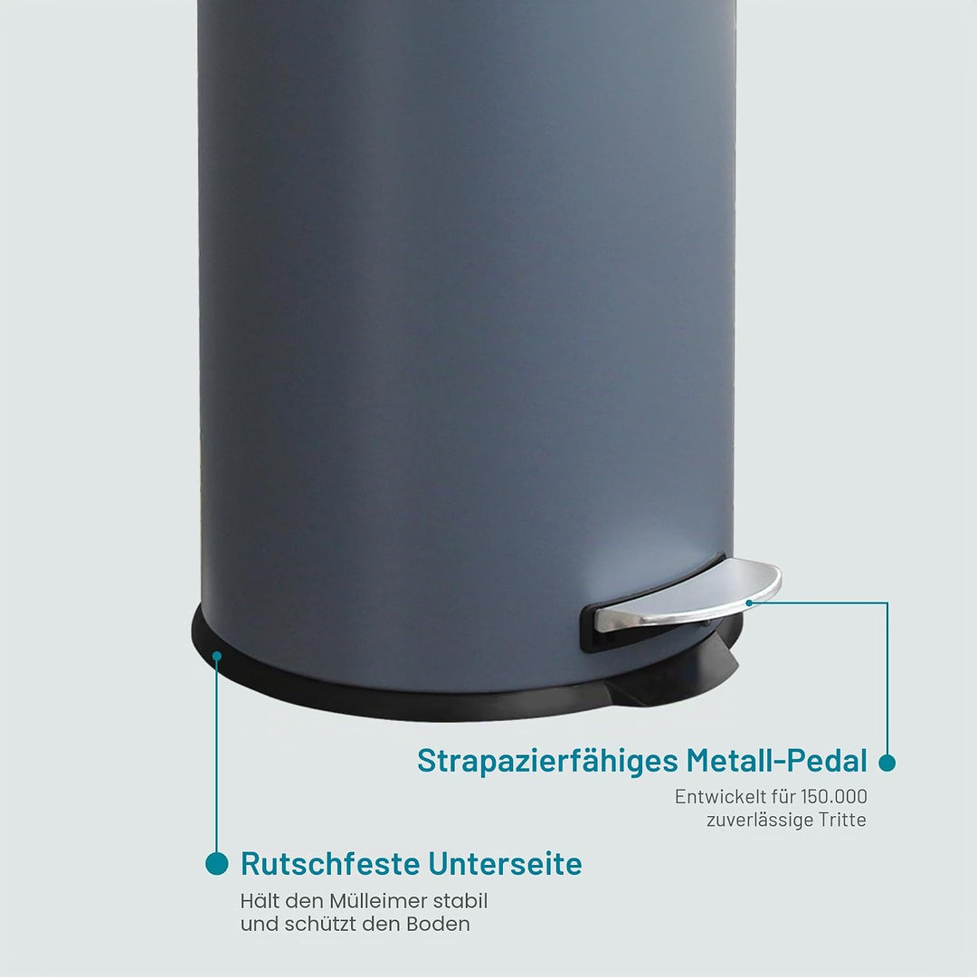 Mülleimer 30L Treteimer mit Softclose-Deckel und Pedal, Grau | 30L Edelstahl Treteimer, Rund, Müllei