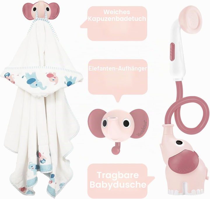 Yookidoo Duschkopf für Baby-Badewanne, Elefanten-Wasserpumpe mit Stammauslauf und Spüler, kontrollie