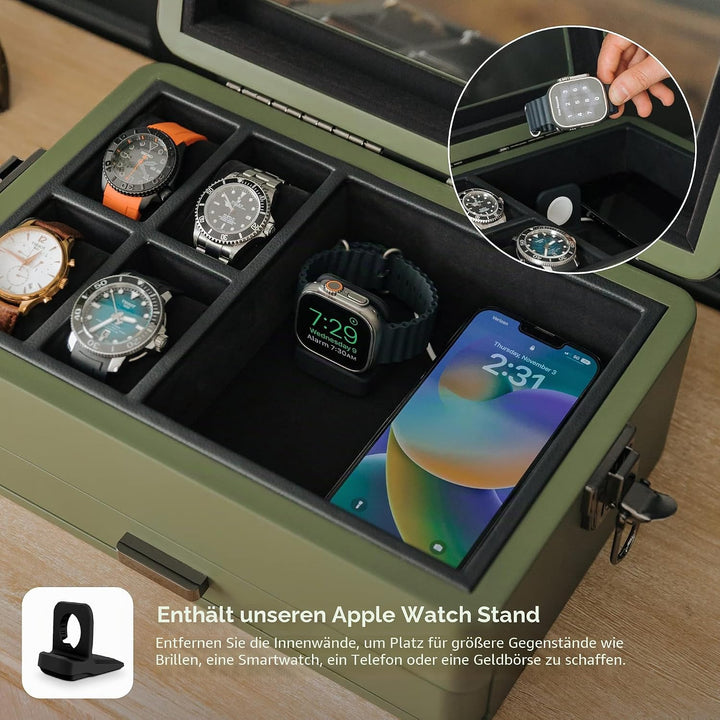 CASE ELEGANCE Militäruhrenbox mit 10 Fächern für Herren, Echtglasplatte, modulares Valet-Tablett, Ap