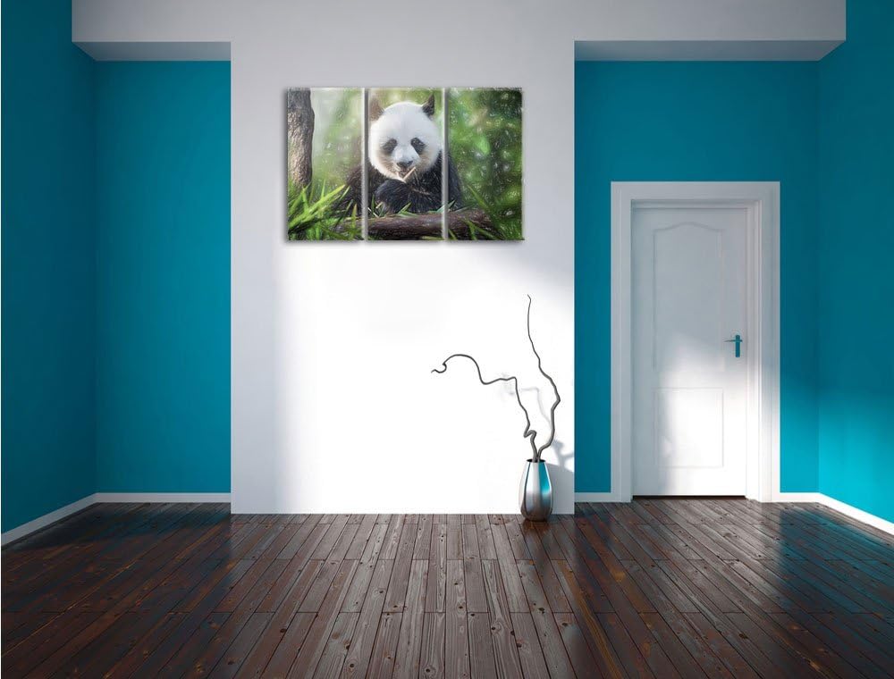 Pixxprint Niedlicher Panda isst Bambus als Leinwandbild/Grösse: 3 Teilig (120x80) / Wandbild/Kunstdr