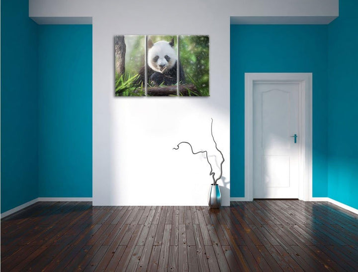 Pixxprint Niedlicher Panda isst Bambus als Leinwandbild/Grösse: 3 Teilig (120x80) / Wandbild/Kunstdr