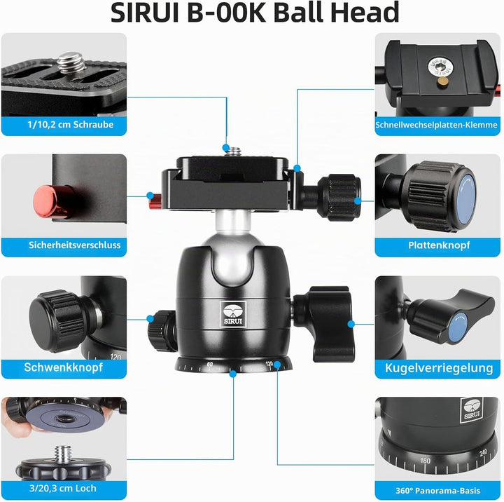 SIRUI Carbon Kamera Stativ mit B-00K Kugelkopf, 151,9 cm kompaktes,Schnellverschluss-Bein,wendbare M