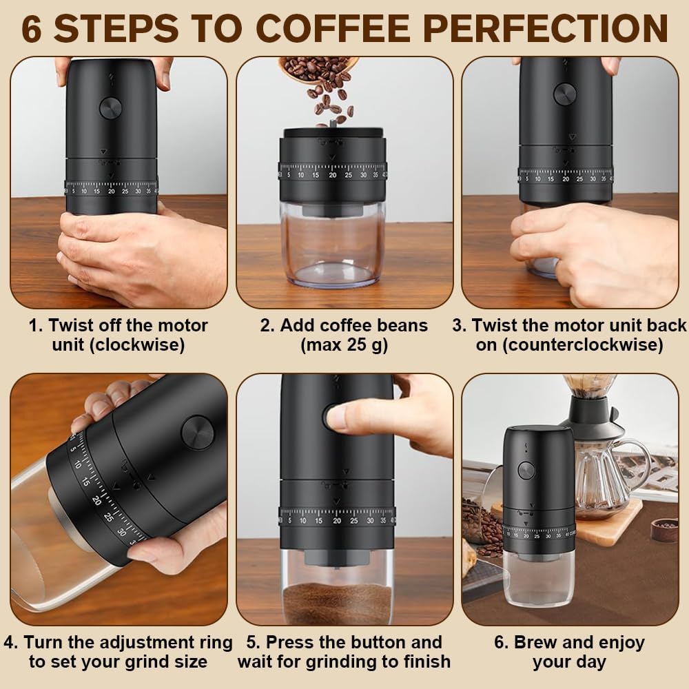 Elektrische Kaffeemühle, Tragbare Kaffeemühle mit 40 Mahleinstellungen, USB Wiederaufladbare Elektri