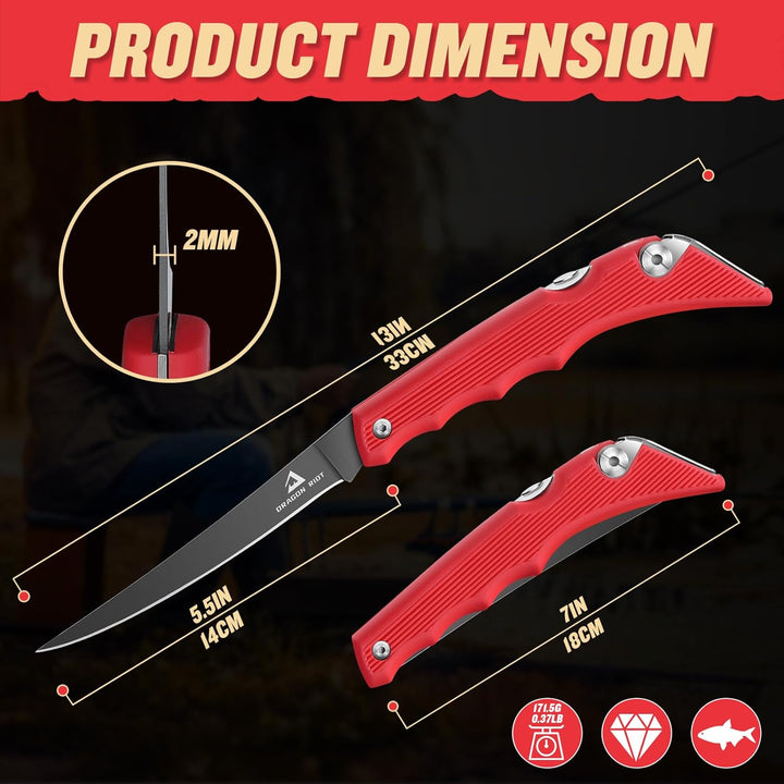 DRAGON RIOT Filetiermesser Fisch Scharf, Angelmesser Klappbar, Edelstahl Fischmesser mit Anti-Rutsch