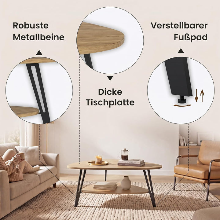 Manora Couchtisch oval Holz mit Ablagefach & Metallbeinen - Moderner Wohnzimmertisch Kaffeetisch Sof