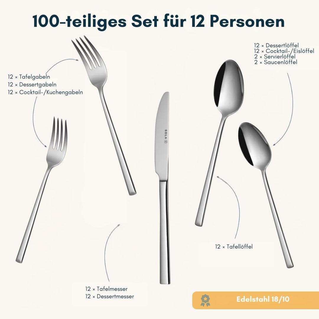 Sola Luxor Besteck Set - 12 Personen Essbesteck - 100 Teilig, 18/10 Rostfreiem Stahl - Robustes & El
